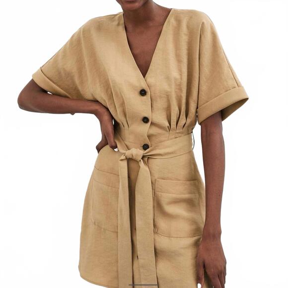 Zara Khaki Utility Short Sleeve Shirtdress Button Up Short Mini Dress Size Small - Picture 3 of 9